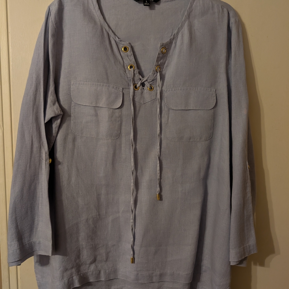 Ellen Tracy Light Blue Lace-Up Blouse